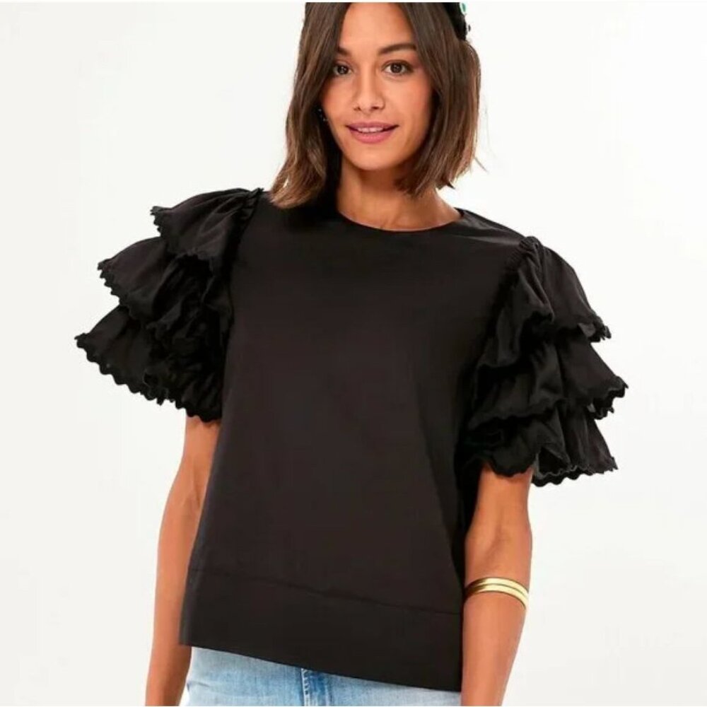 NWT Harshman Juliette Ruffle Sleeve Blouse Cotton Black Size 1X $228 [jb]